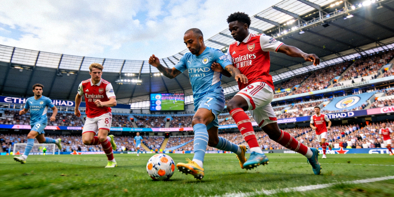 英超联赛曼城队与阿森纳队球员在伊蒂哈德球场争抢足球